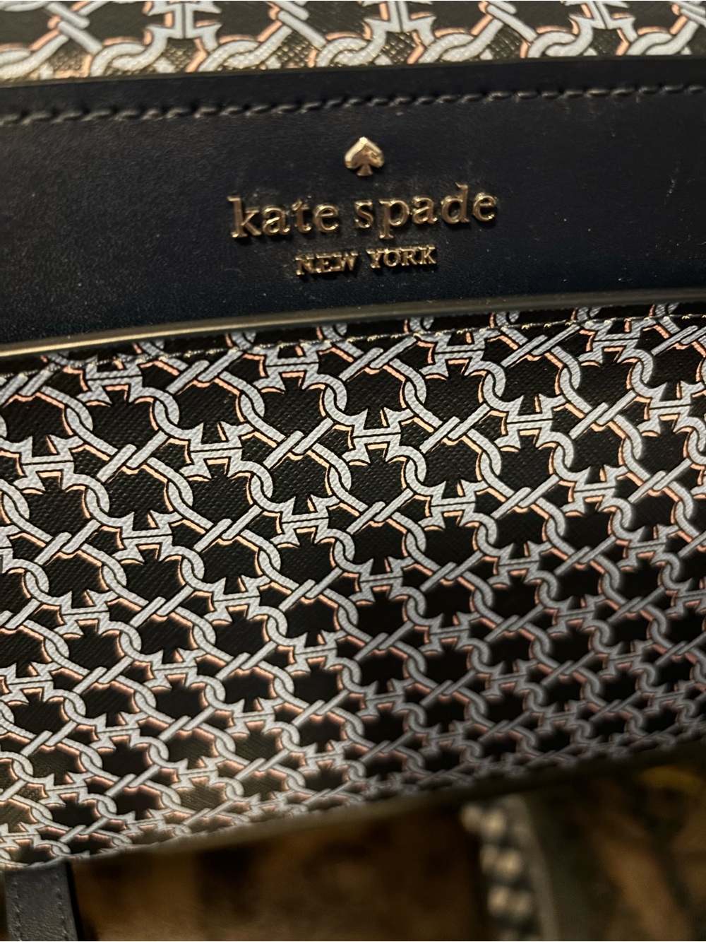 kate spade Black Tote with White and Tan Link Pattern
